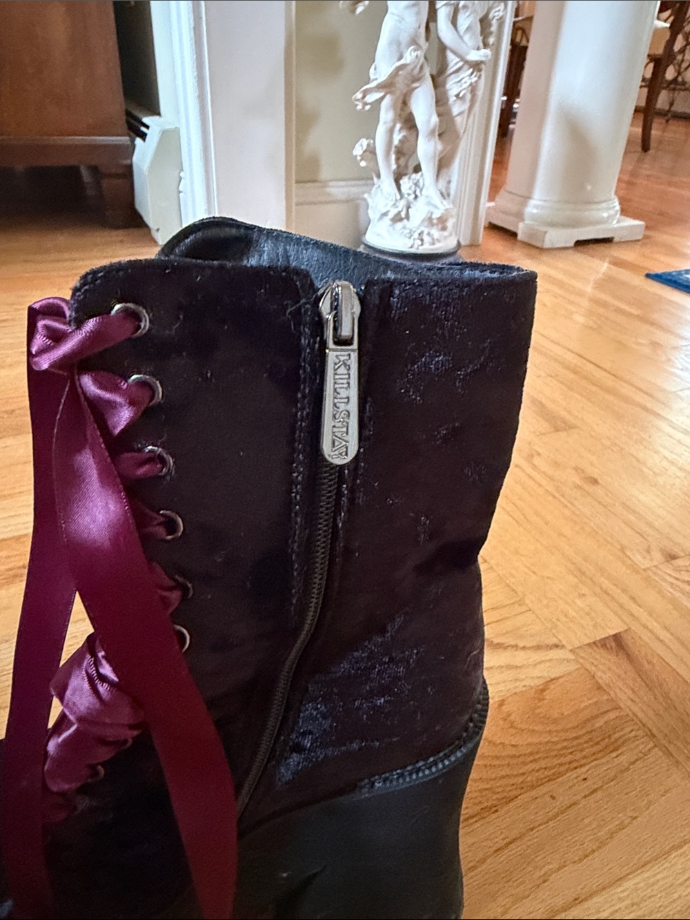 Killstar Black Velvet Platform Ankle Boots with Burgundy Satin Laces - Picture 2 of 4